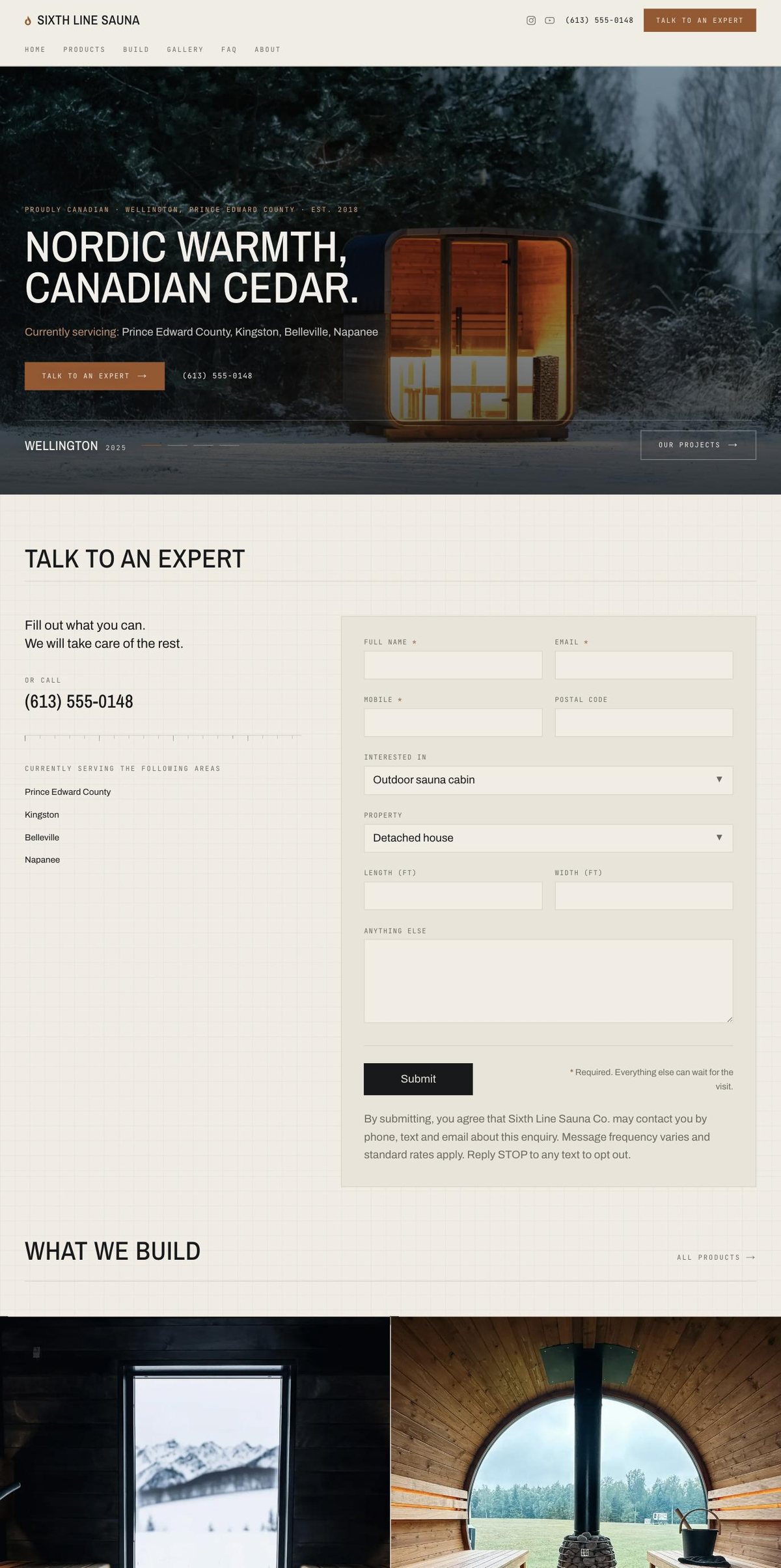 Homepage of a client build, scrolling from the hero through the enquiry form to the product range.