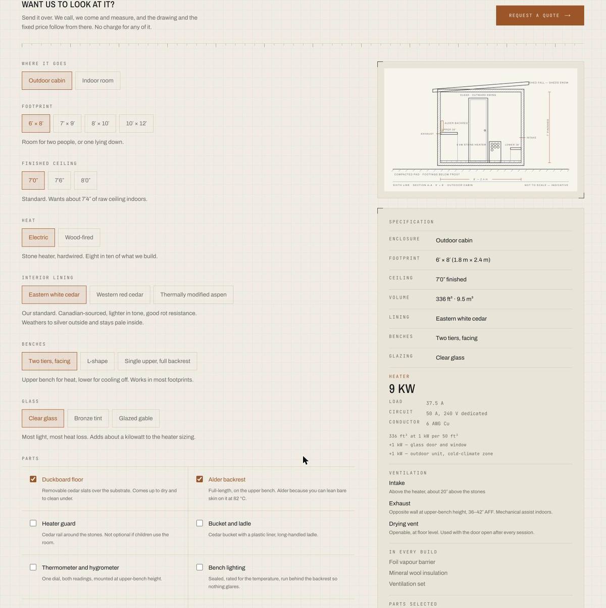 Interactive build configurator with footprint options and a technical drawing.