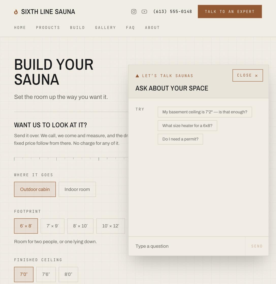The site's AI agent open over the configurator, offering starter questions about sizing, specification and permits.